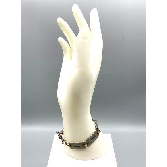 Vintage Two Tone Words Bracelet, Silver Tone and Brass Power Words Link Bangle - Picture 4 of 7